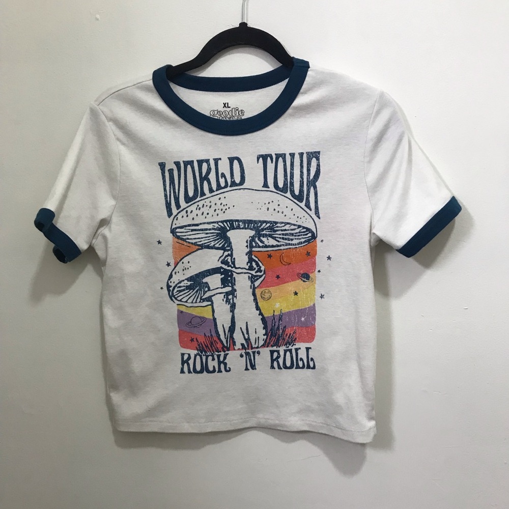 White Graphic Ringer Tee with Blue Trim - World Tour Mushroom Design